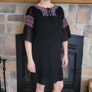 🍄 50% OFF - Black Embroided Ruffled 3/4 Sleeves Straight Dress